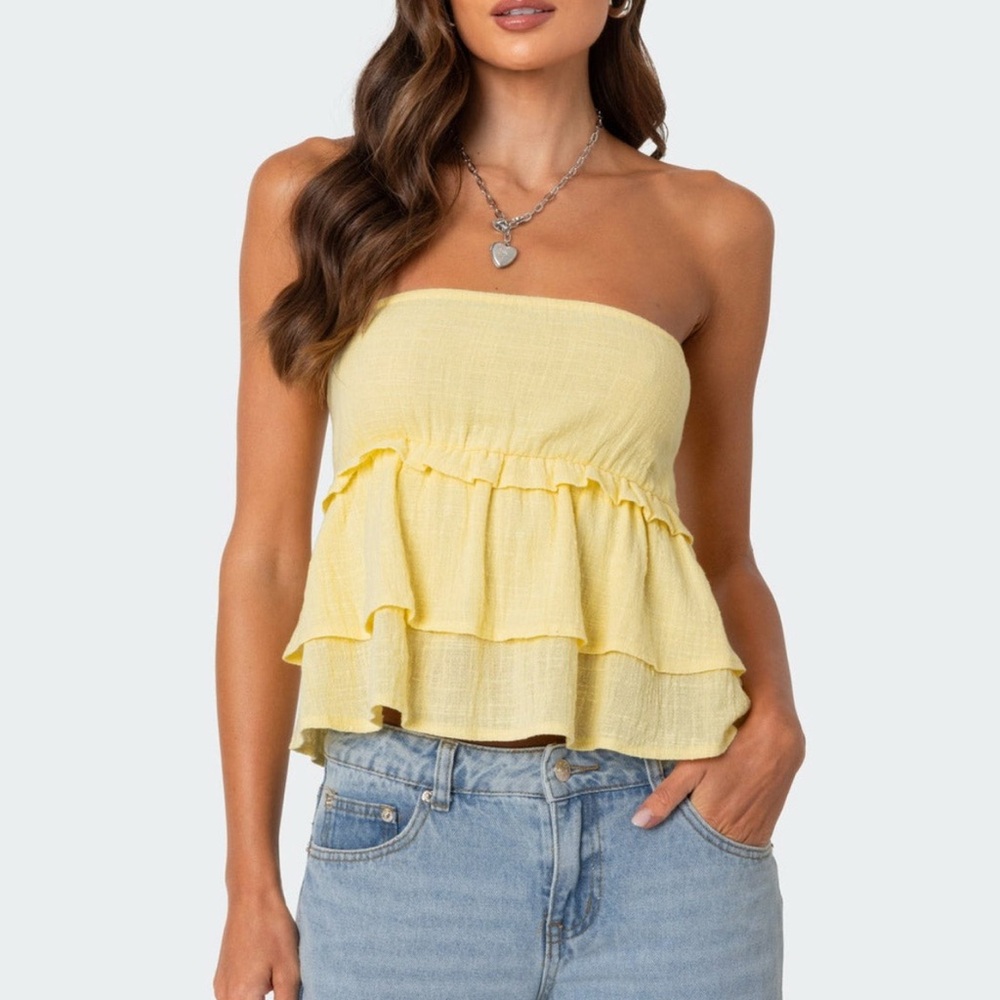 NWT Edikted Linen Look Strapless Peplum Yellow